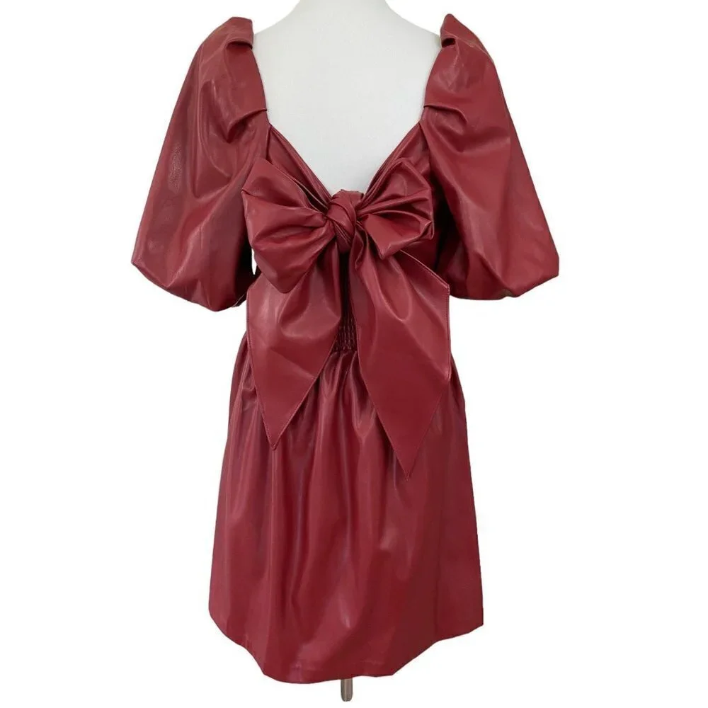 Mare Mare x Anthropologie Red Faux Leather Puff Sleeve Bow Back Dress Medium - Picture 3 of 14